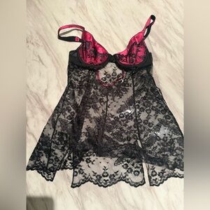 34B vintage 2003 victorias secret corset slip - black and pink lace babydoll
